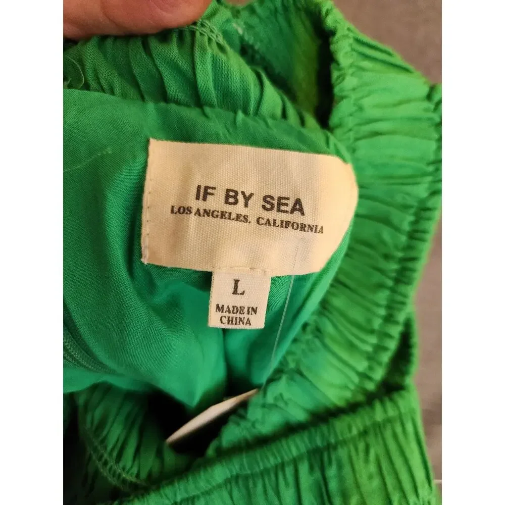 Anthropologie If By Sea Size L Jumpsuit Wide Leg Coastal Kelly Green Smocked NWT